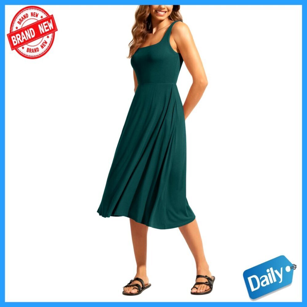 Rayon Midi Dress with Pockets Square Neck Sleeveless Summer Casual